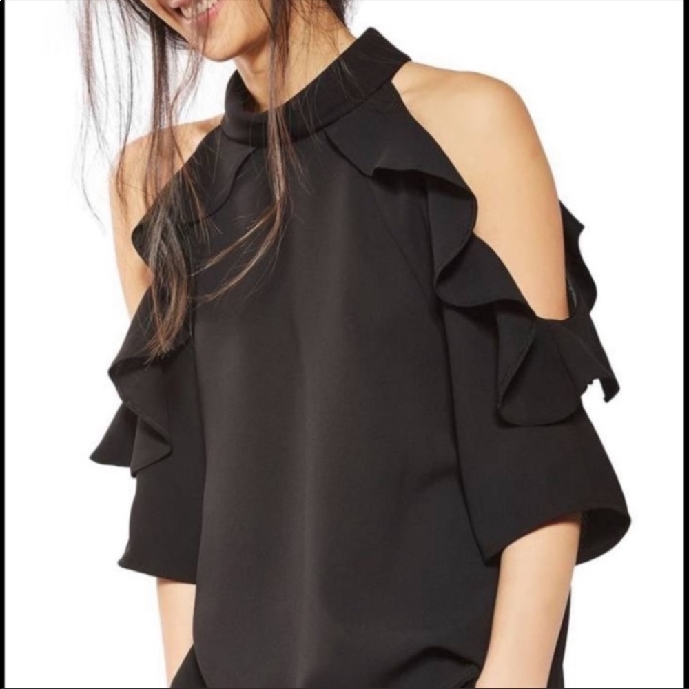 Topshop Black Ruffle Cold Shoulder Mock Neck Top